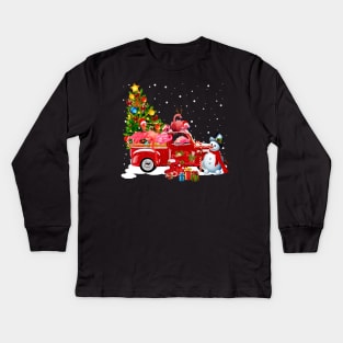 Red Truck Merry Christmas Tree Flamingos Dog Christmas T-Shirt Kids Long Sleeve T-Shirt